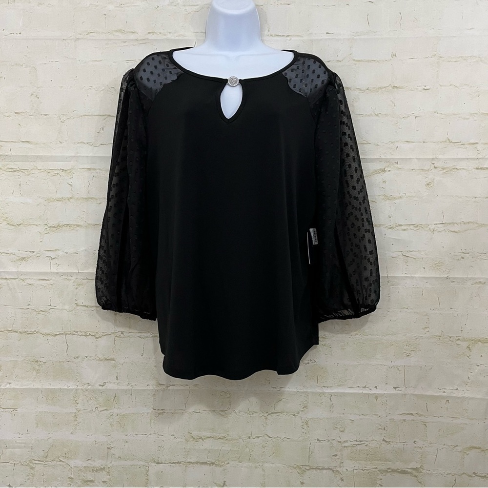 Adrienne Vittadini Black Keyhole Neck Sheer 3/4 Sleeve Blouse